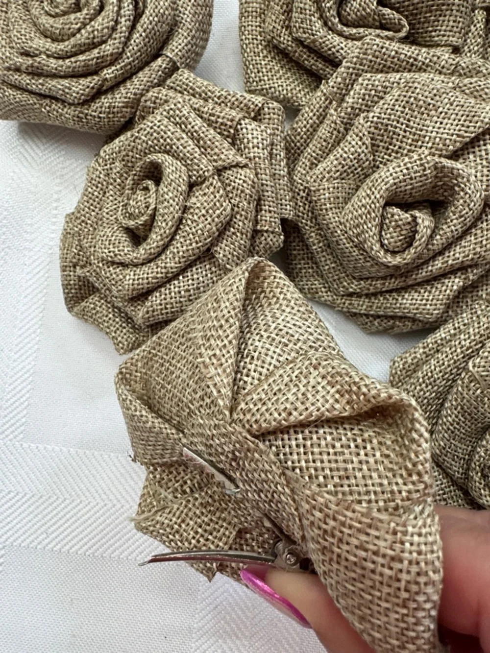 Burlap Fabric Rosette Flowers With Clips - Neutral Tan